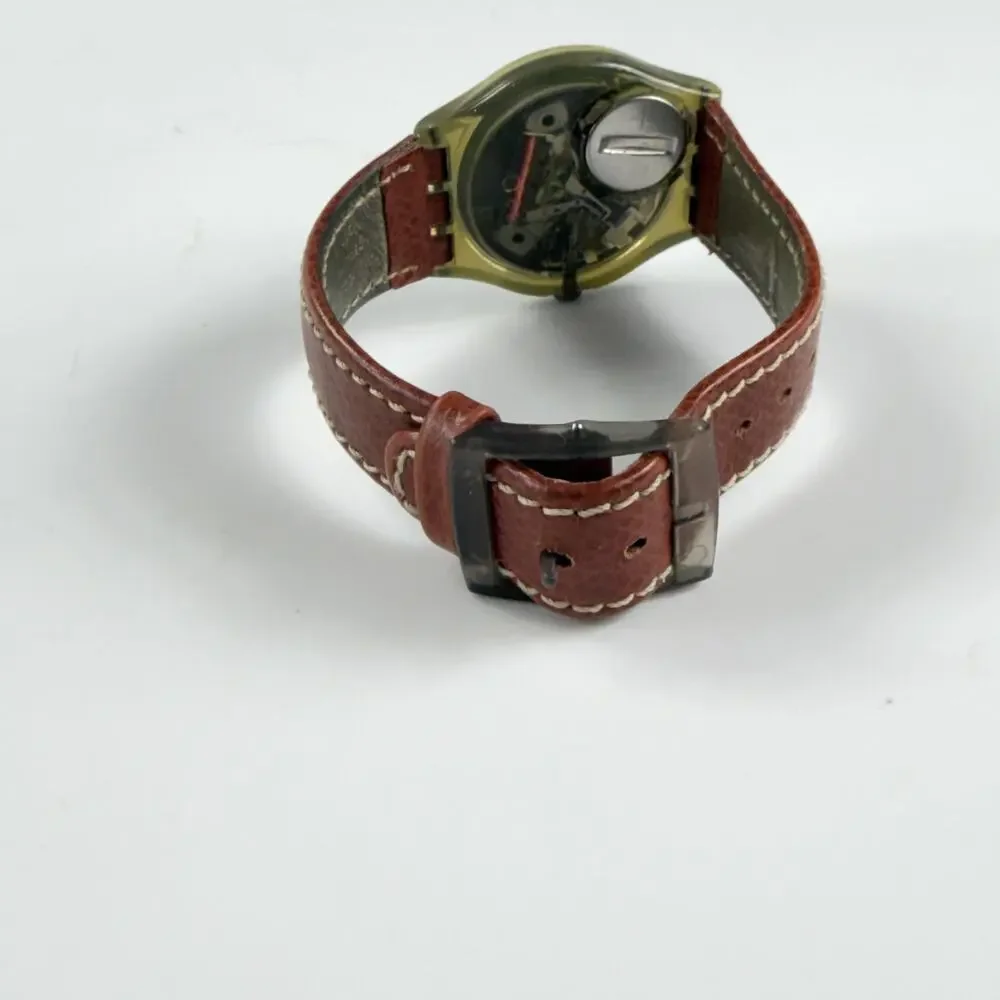 Vintage Swatch Mens Watch Orly GM110 34mm White Dial Brown Leather Strap Swiss